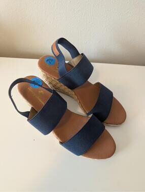 Tommy Bahama Women's 7 1/2 Wedge Sandals Blue Tan EUC Open Toe Slip On Tropical